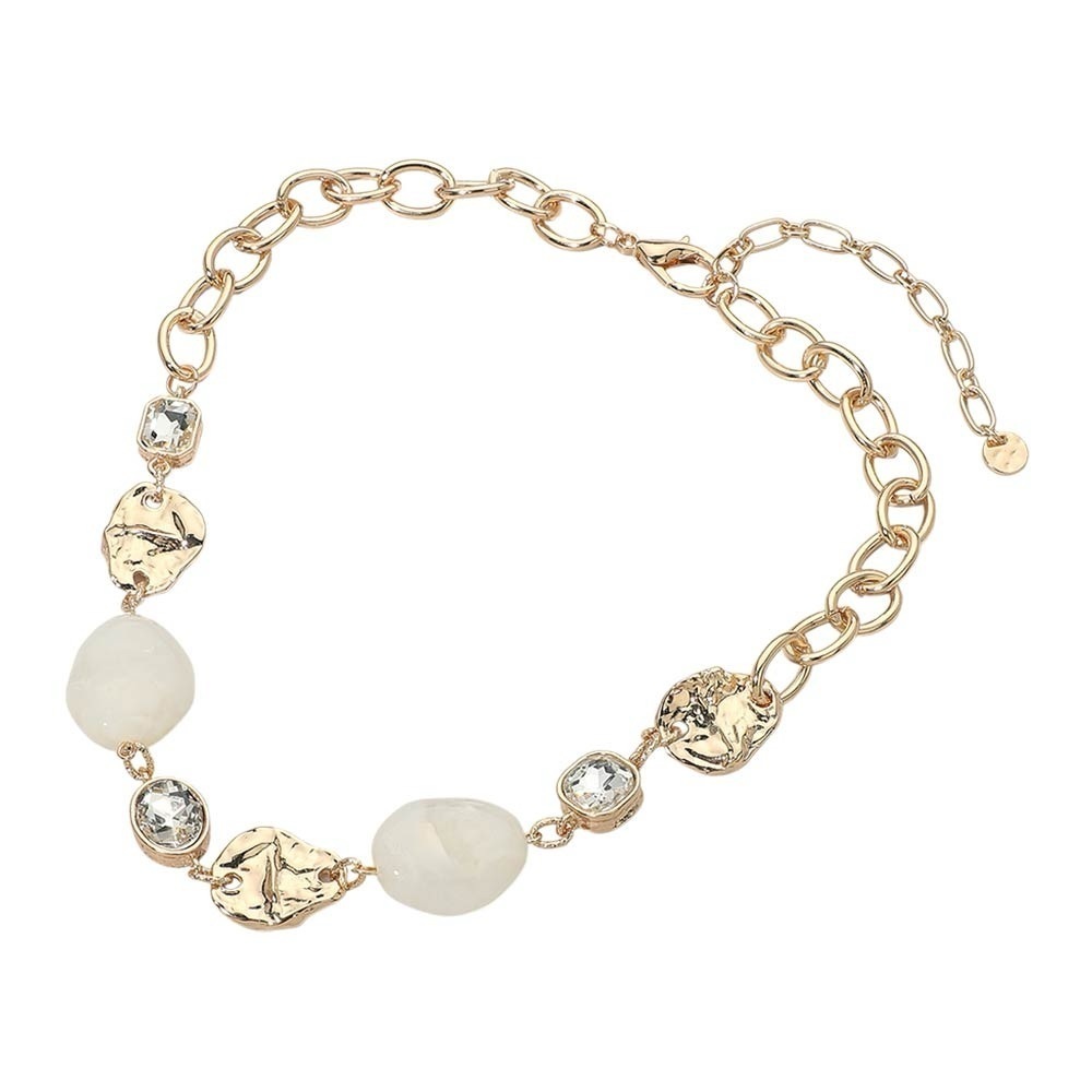 Modern Resin Pebble Hammered Gold Metal and Ivory Stone Cluster Necklace